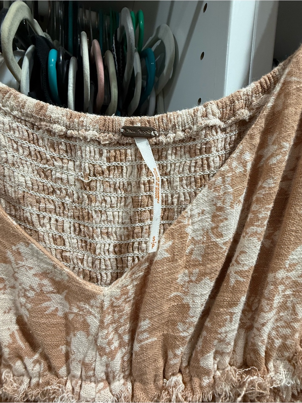 Free People Cream and Tan Floral Smocked V-Neck Top